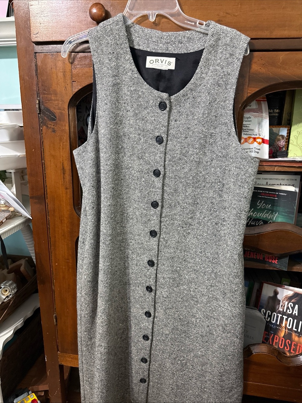 Orvis Sleeveless Tweed Button-Front Midi Dress Wool Blend USA Size 12 Preppy 90s
